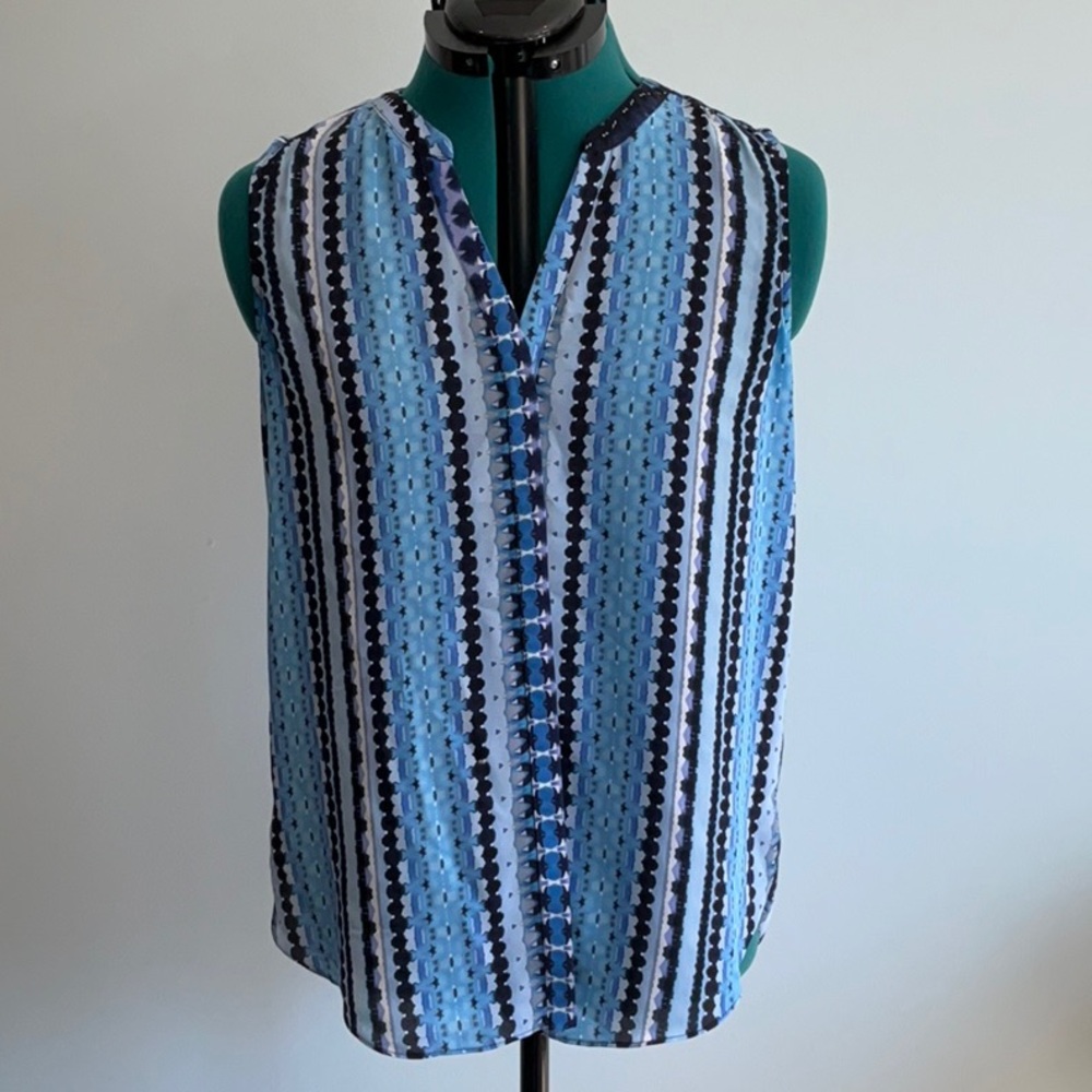 NYDJ Blue and Black Sleeveless Blouse with Mandarin Collar